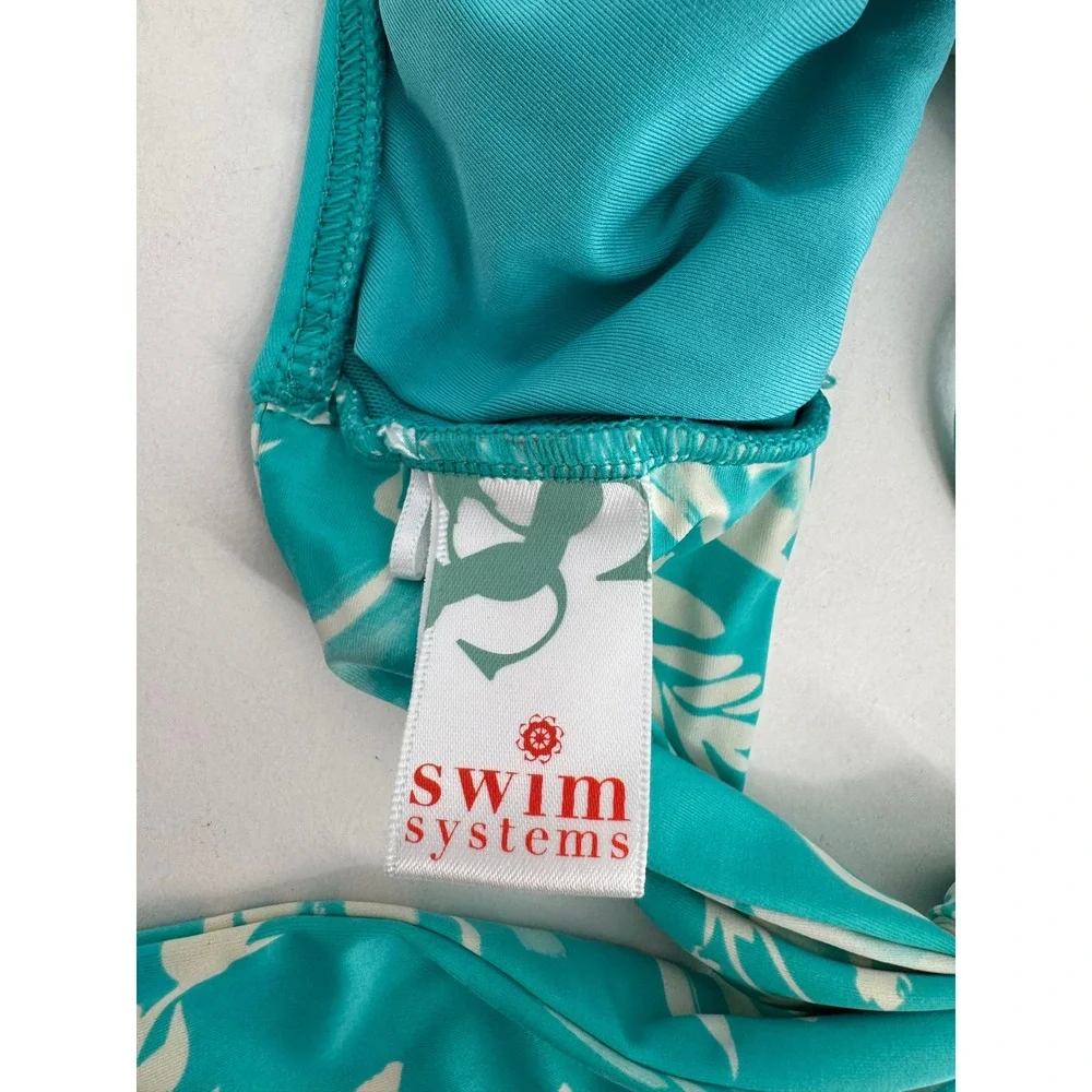 Swim Systems Sz 38D Teal White Floral Halter Bikini Top Lace Up Tassel Swimwear